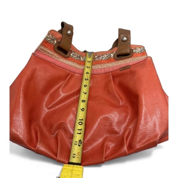 Fossil Key Per Orange Canvas Crossbody Bag Floral Trim Adjustable Strap - Picture 5 of 7